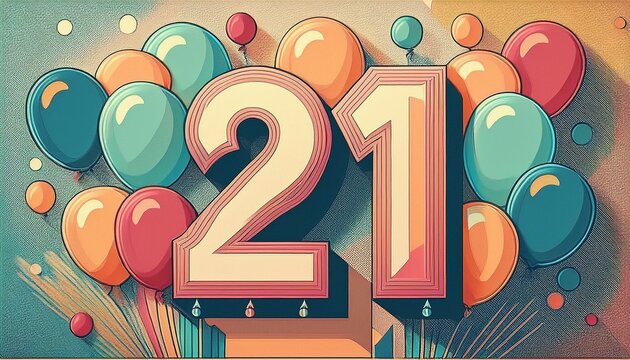 Number 21 with balloons. Retro style illustration for twenty-first birthday or anniversary