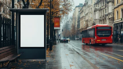 Fototapete Rund White empty information mock-up on city bus stop, blank vertical billboard near paved road with red touristic bus, clear placeholder frame in urban settings with copy space for. © Pixelzone