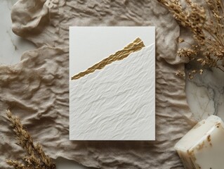 A premium greeting card on textured cotton paper with embossed gold foil details,