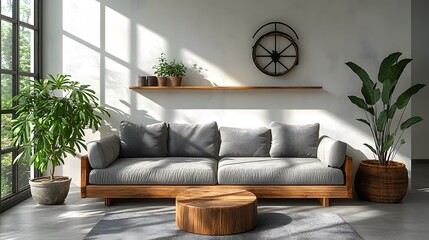 Desain interior minimalis ruang tamu modern dengan sofa abu-abu di dinding putih, dilengkapi rak dan tanaman di lantai beton. Mock-up latar belakang interior. Lensa sudut lebar, pencahayaan realistis