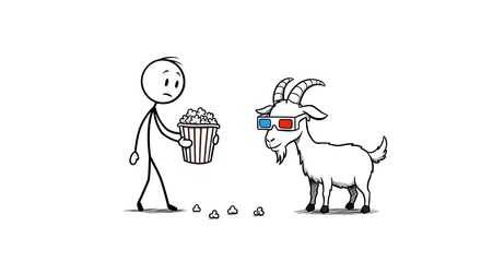 Fototapeta premium Offering Popcorn to Goat Wearing 3d Glasses Illustration