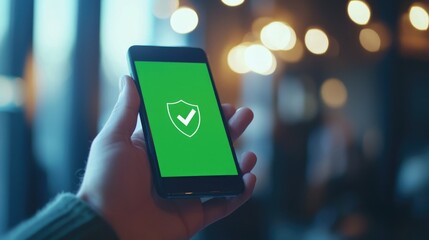 Smartphone displaying a security checkmark on a green background.
