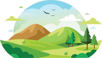 Fototapeta premium Flat Landscape with Hills and Birds