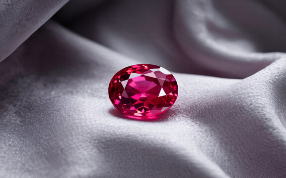 Brilliant Faceted Ruby Gemstone On Soft Luxurious Silk Fabric Elegant Close Up
