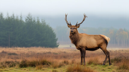 Fototapeta premium Majestic Stag in Misty Landscape: An imposing stag stands regally in a misty meadow, its magnificent antlers silhouetted against a backdrop of a woodland area.
