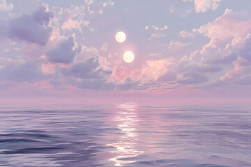 serene abstract background featuring tranquil ocean under dreamy sky with two suns illuminating soft clouds. gentle waves reflect pastel colors creating peaceful atmosphere