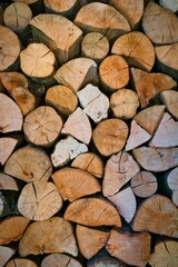 Wooden logs with visible growth rings and rich textures create a warm, rustic pattern. This composition reflects sustainability, the beauty of nature, eco-conscious living, making it ideal for design