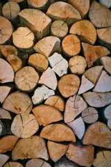 Selbstklebende Fototapeten Wooden logs with visible growth rings and rich textures create a warm, rustic pattern. This composition reflects sustainability, the beauty of nature, eco-conscious living, making it ideal for design © Nebojsa