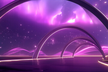 stunning abstract background featuring ethereal arches illuminated by soft purple light. scene evokes sense of wonder and tranquility, with cosmic atmosphere filled with stars