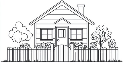 Naklejka premium Simple outline drawing of a small house with a garden and fence, for coloring or educational use