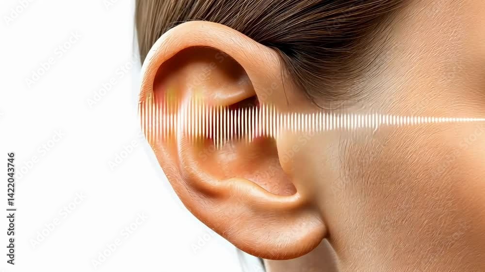 Poster sound waves penetrating human ear canal, visualizing audio frequencies and their intricate interacti