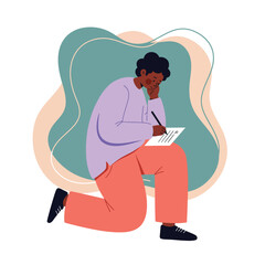 Person in purple top and coral pants writing on paper with thoughtful expression on abstract background