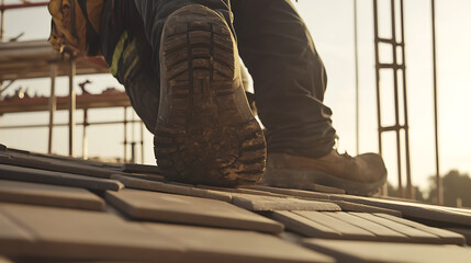 Fototapeta premium Construction Worker Walking on Scaffolding