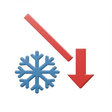 A snowflake and two red arrows on a white background indicating decrease