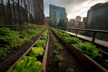 Obraz premium Urban rooftop garden thrives among tall glass towers and concrete cityscape