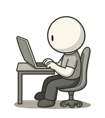 Simple cartoon illustration of a person working on a laptop at a desk
