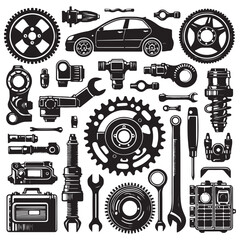 Car Parts Icon Set – Black Silhouettes on White Background

