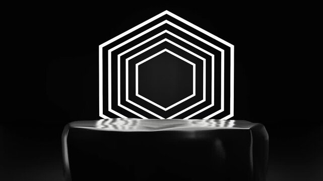 Dark black rock podium for product show case, for cosmetic product display stand with minimalist black background and soft lighting and shadows, modern architectural backdrop, 3d rendering