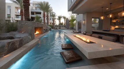 Obraz premium Modern Pool House with Integrated Fire Pit and Seating