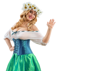 Midsummer woman during traditional solstice festival. Blonde girl with wreath daisies flowers in her hair celebrating summer party.