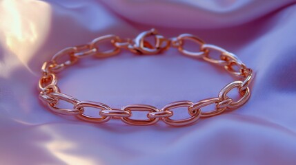 Rose gold chain bracelet gently curved on soft lilac backdrop