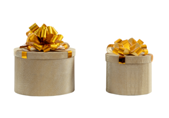 Golden gift boxes for holidays, birthday, promotions, christmas, new year, wedding. Elegant luxury wrappers, lush bows on isolated background.