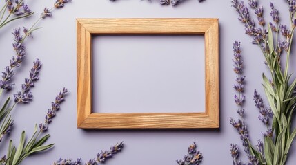 Rustic wooden frame lying flat on lavender background with decorative paper corners
