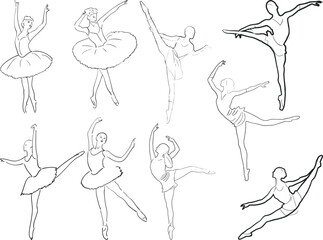 nine ballet dancers outlines on white