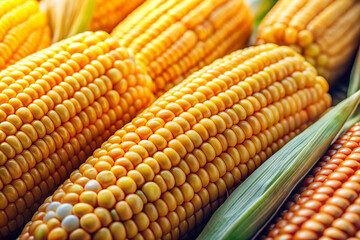 Delicious corn. Close-up. Firmness, luster. Shine. Watery. Sleekness.