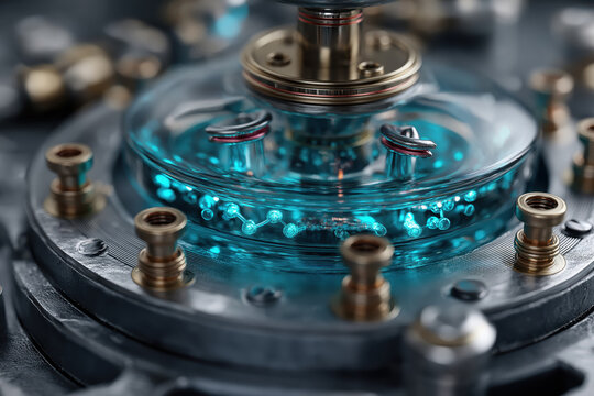 Quantum computer core glows cold blue with suspended qubits and superconducting energy
