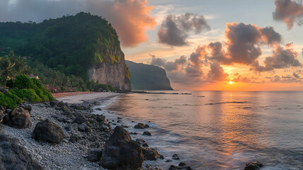 Sunrise over Tropical Beach with Rocky Coastline