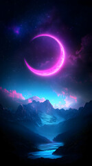 Fototapeta premium Crescent Moon Over Mountains at Night