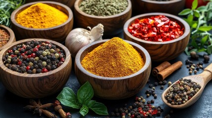 Wide food recipe banner image of different types Asian of spices in wooden bowls.