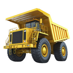 large yellow dump truck with massive tires and sturdy frame is depicted, designed for heavy duty construction and mining tasks. Its robust build and spacious cargo area make it ideal