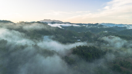 Fototapeta premium Aerial View of Foggy Mountain Landscape