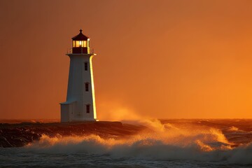 Majestic Lighthouse at Sunset with Dramatic Waves and Golden Sky