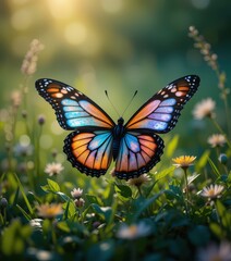 Fototapeta premium A vibrant butterfly with intricate patterns rests delicately atop a cluster of colorful flowers, its wings gently spread, showcasing hues of orange, blue, and black against the lush green backdrop.
