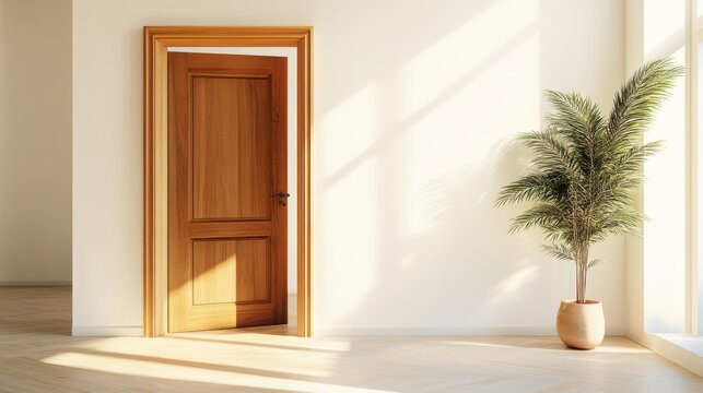 Wooden door slightly ajar revealing a bright and open interior space decorated with light toned flooring : Generative AI.