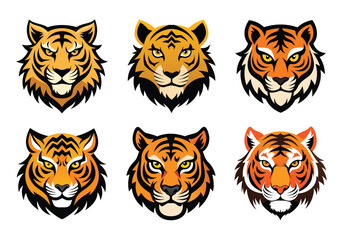 Set of Angry Roaring Tiger Head Vector Illustrations in Bold Style