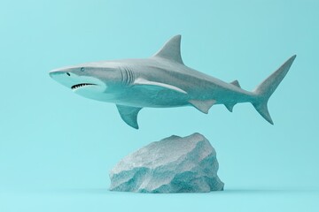 Obraz premium Monochromatic shark poised atop a rock against a pastel backdrop.