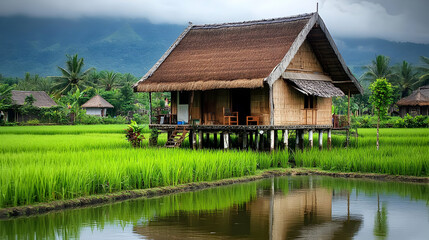 Thatched Roof Hut in Lush Green Rice Paddy Field
