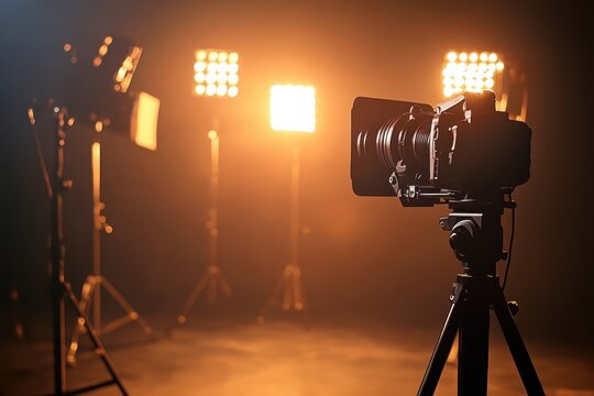 Professional camera setup with studio lights for a photography session in dimly lit studio