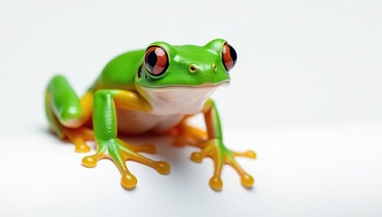 Obraz premium Green tree frog, perched on white, vibrant skin, studio shot, white