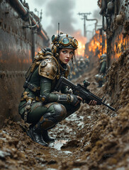 Fototapeta premium A steampunk soldier crouches in a muddy trench, rifle ready, amidst a fiery battlefield.