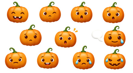 Fototapeta premium 3D Funny Pumpkin Emoji Stickers for Halloween High quality 3D render of funny pumpkin emoji sticker set with cute facial expressions, isolated on white background. Perfect for Halloween decor