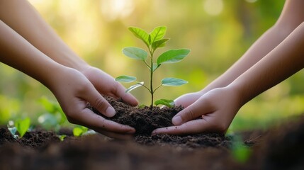 Fototapeta premium World environment day concept. Earth Day In the hands of trees growing seedlings. Tree planting on volunteer family's hands for eco friendly and corporate social.