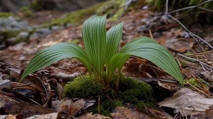 Striped Forest Plant Emerging from Moss, Close-up