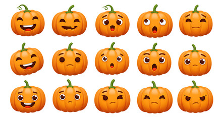 3D Funny Pumpkin Emoji Stickers for Halloween	High quality 3D render of funny pumpkin emoji sticker set with cute facial expressions, isolated on white background. Perfect for Halloween decor