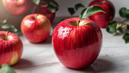 Fresh Shiny Red Apples With Leaves On Marble Surface Still Life