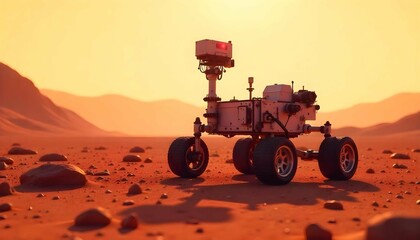 A robotic rover on the surface of Mars. It has four large wheels and a large arm with a camera attached to it. The arm is extended upwards, and the camera is mounted on top of the arm. 